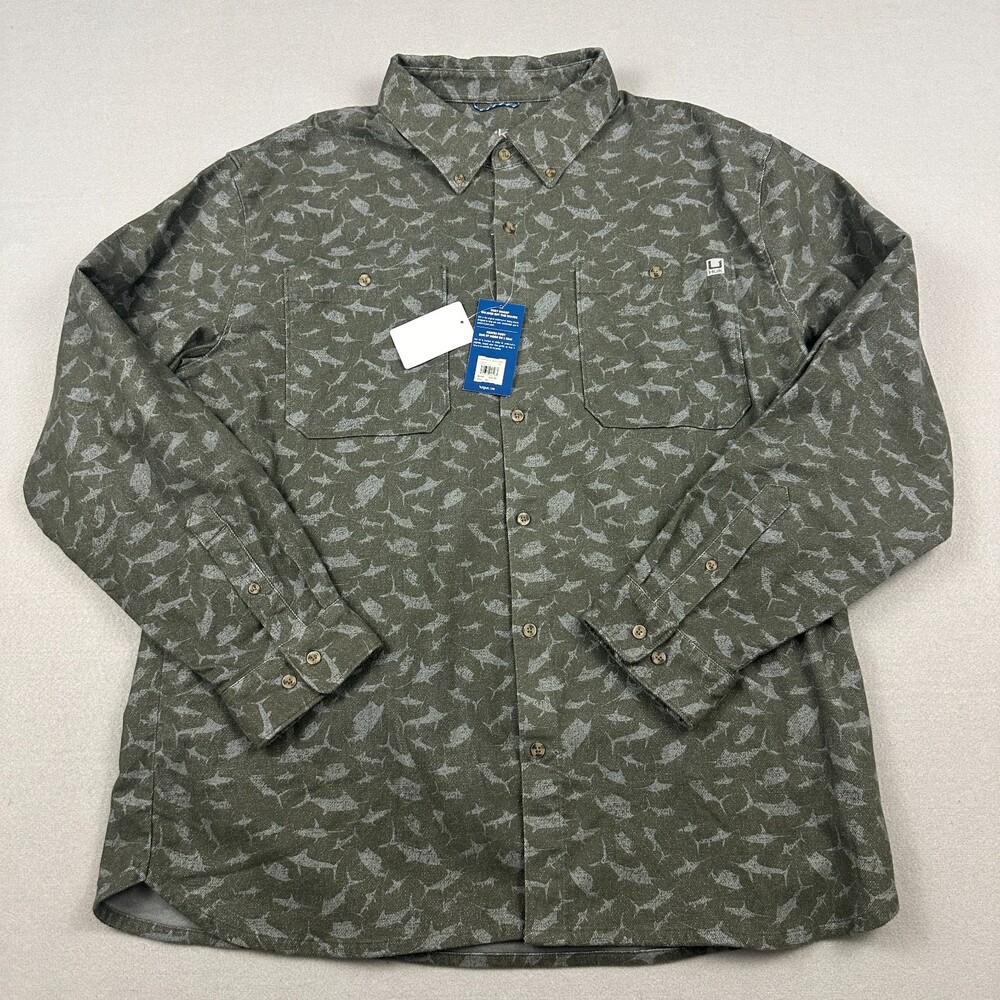 HUK Shirt Men XL Green Fish Print Chesapeake KC Flannel Long Sleeve Button Up